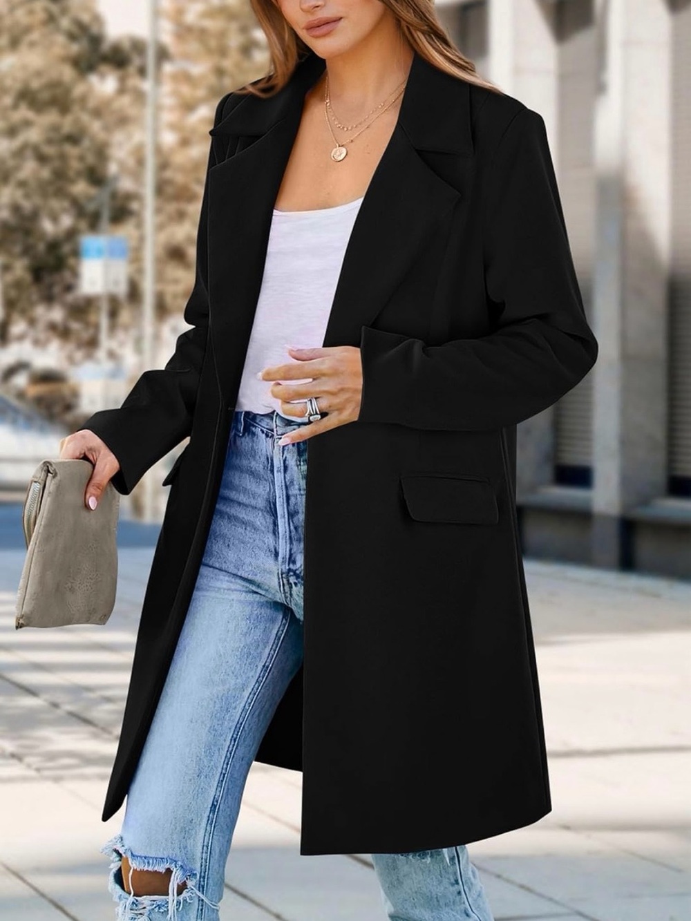 Black Women's Long Blazer Coat - Stylish Office & Casual Layer